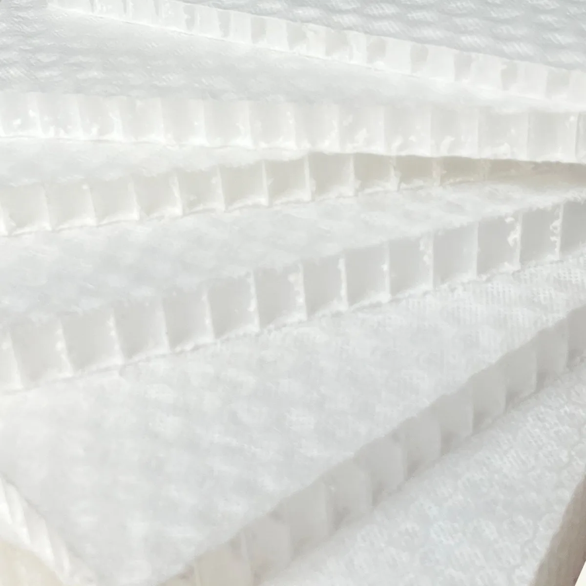Hexacor PP honeycomb sheets stacked, showing the honeycomb cell structure